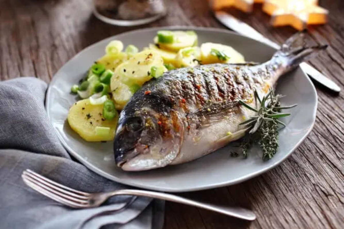 Lunch on Blue Cave Croatia tour: grilled orade and potato salad